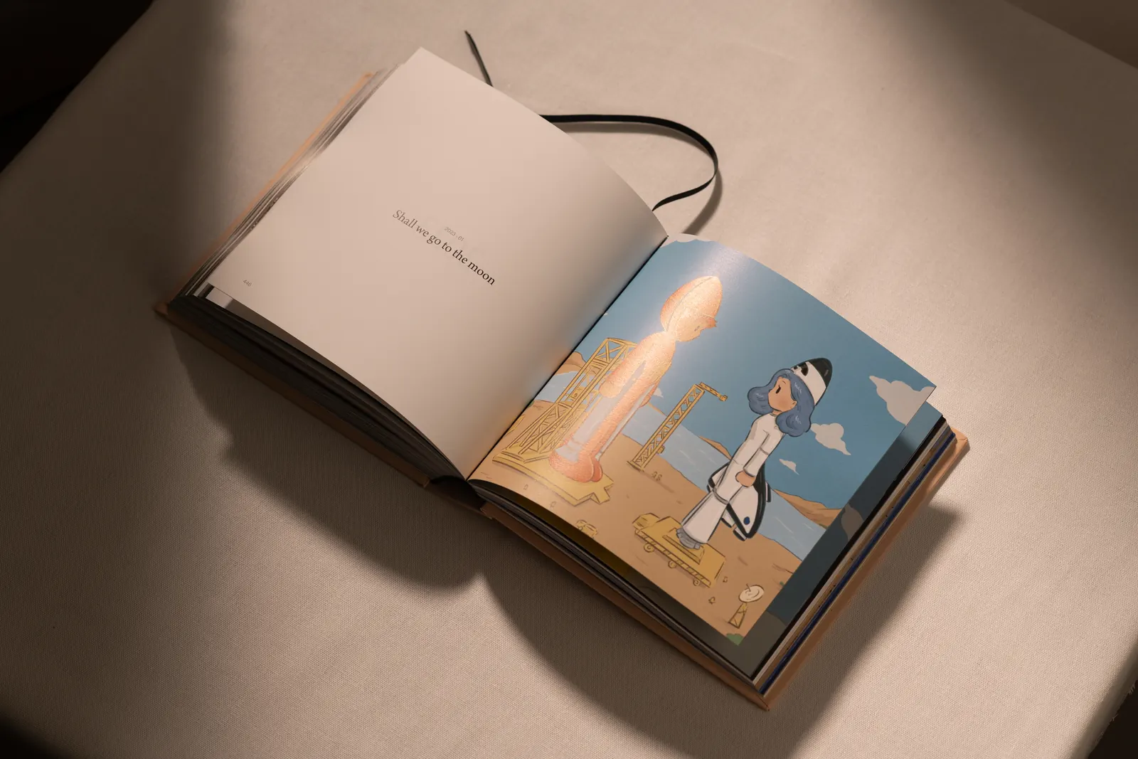 Open spread: the title page Shall we go to the moon, facing a girl in a spacesuit beside a rocket
